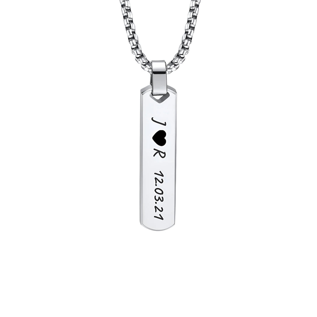 Collar hombre barra plateada grabado láser - Texto